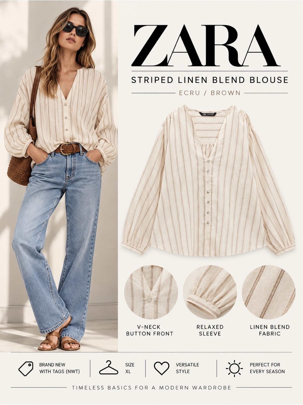 Zara Ecru Brown Striped Linen Blend Oversized Blouse NWT Size XL